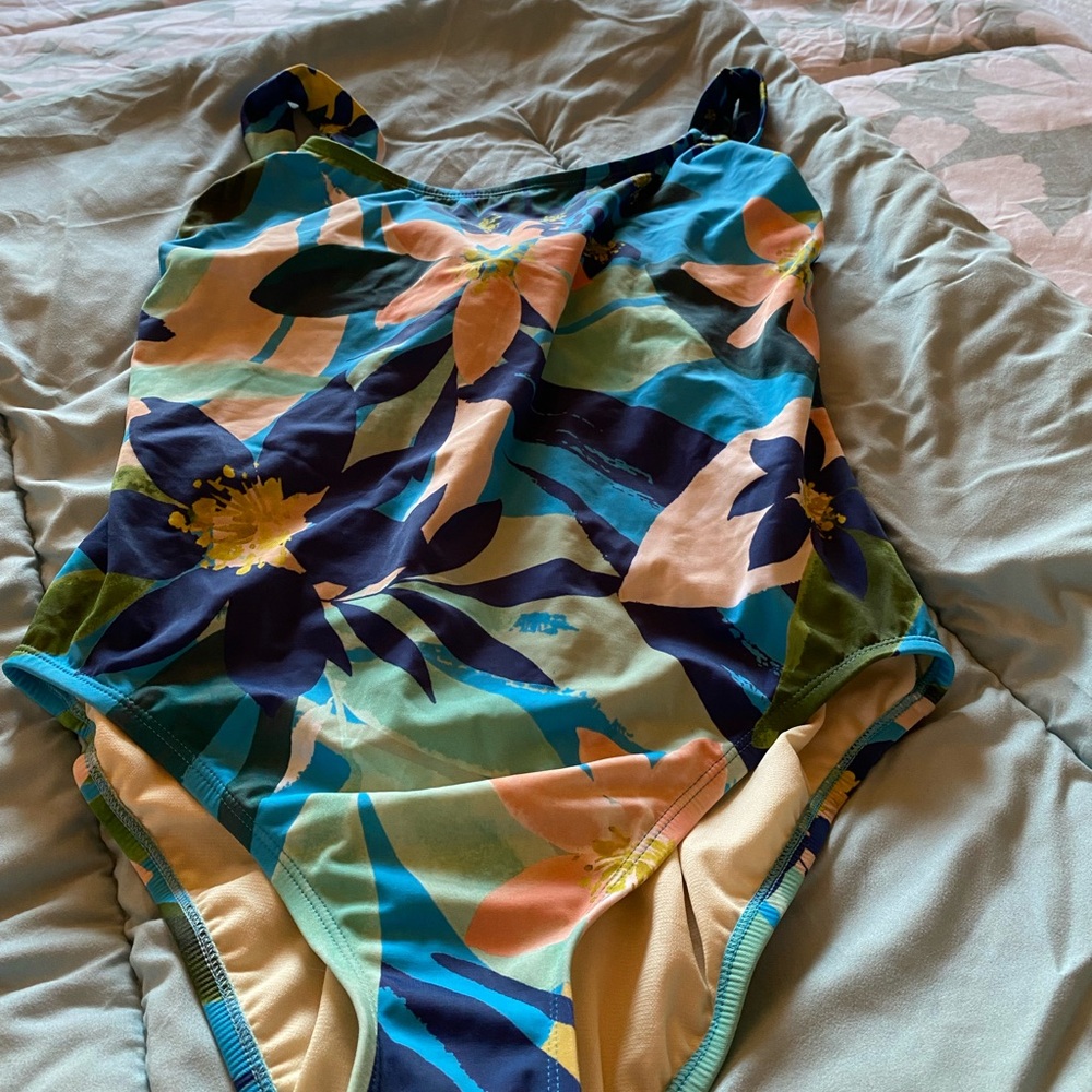 Blue and Green One Piece Swimsuit with Geometric Pattern